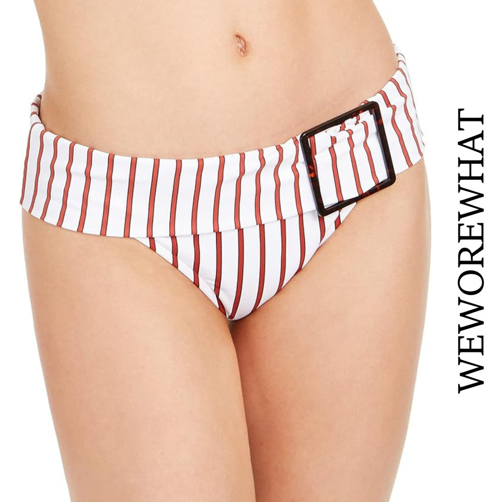 WeWoreWhat NWT Annie Pinstripe Hipster Bikini Swim Bottoms, White Dark Red Med